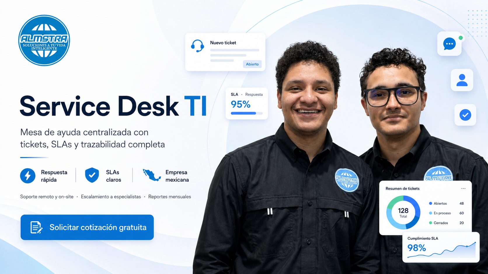 Service Desk TI de ALMSTRA — Mesa de ayuda centralizada con tickets, SLAs y trazabilidad completa
