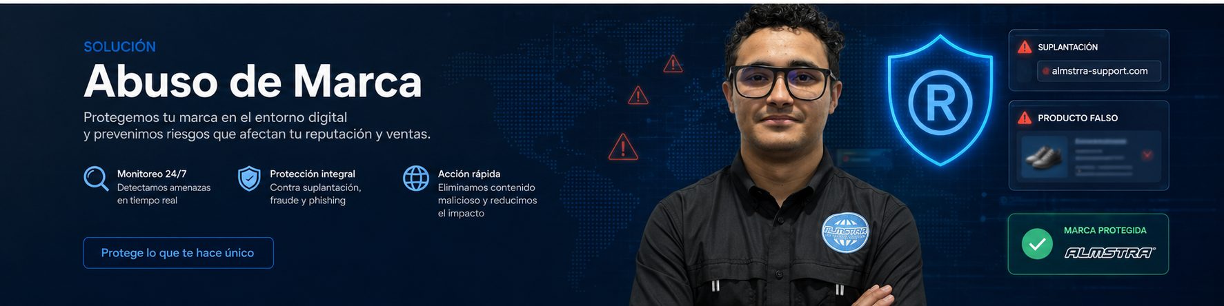 Abuso de marca en línea de ALMSTRA — Elimina el fraude que usa tu nombre antes de que tus clientes caigan